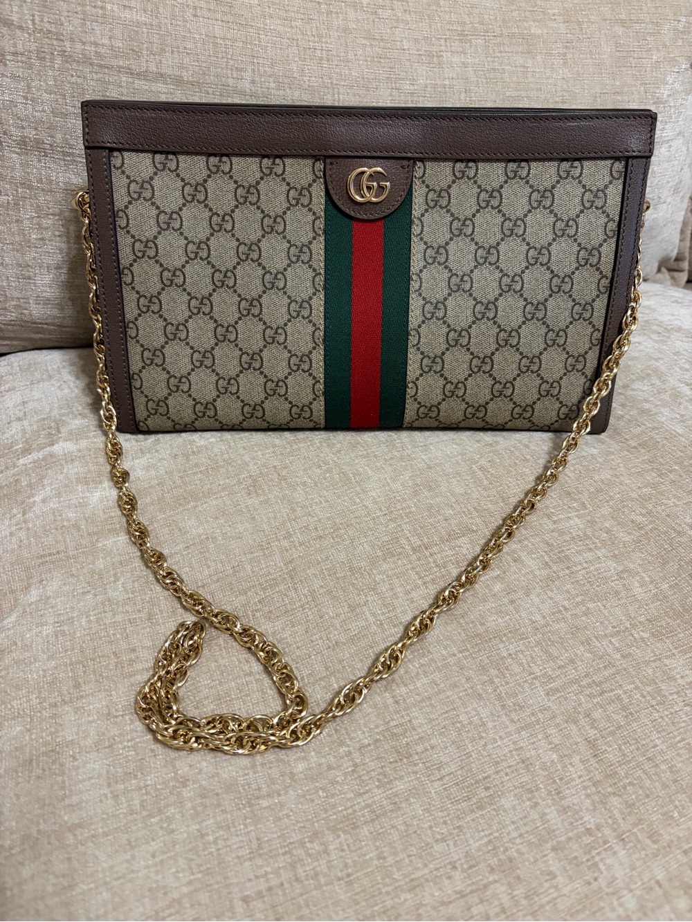 Gucci Ophidia Beige Brown GG Supreme Shoulder Bag with Red and Green Web